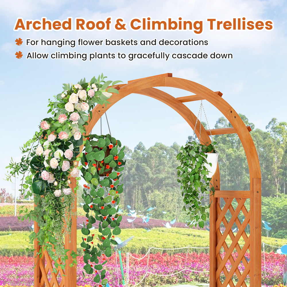 Wooden elevated planter box with arched roof and climbing trellises, perfect for supporting climbing plants and.