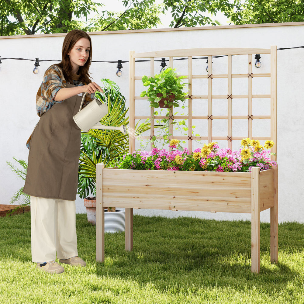 Raised garden bed with lattice trellis, made of fir wood, ideal for flowers and vegetables, elevated for easy access.