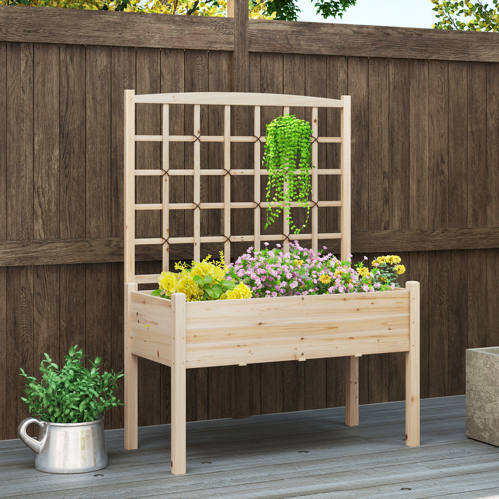 Raised garden bed with lattice trellis for climbing plants, made of fir wood, ideal for vibrant flowers and vegetables.