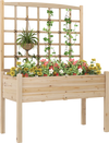 Close-up of the lattice trellis on the raised garden bed, made of fir wood, ideal for supporting climbing plants.
