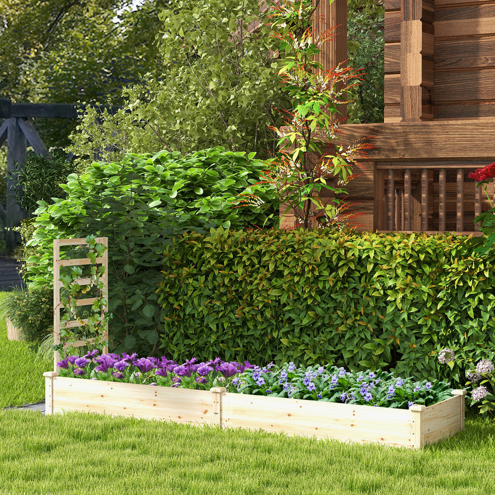 Raised garden bed with planter box and trellis made of natural fir wood, ideal for diverse plants and climbing vines.