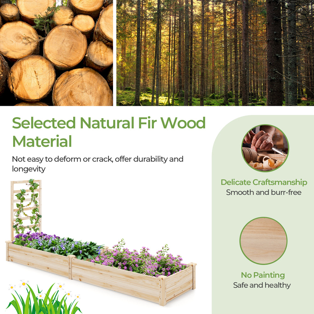 Raised garden bed made of natural fir wood with trellis for climbing plants, featuring durable and smooth craftsmanship.