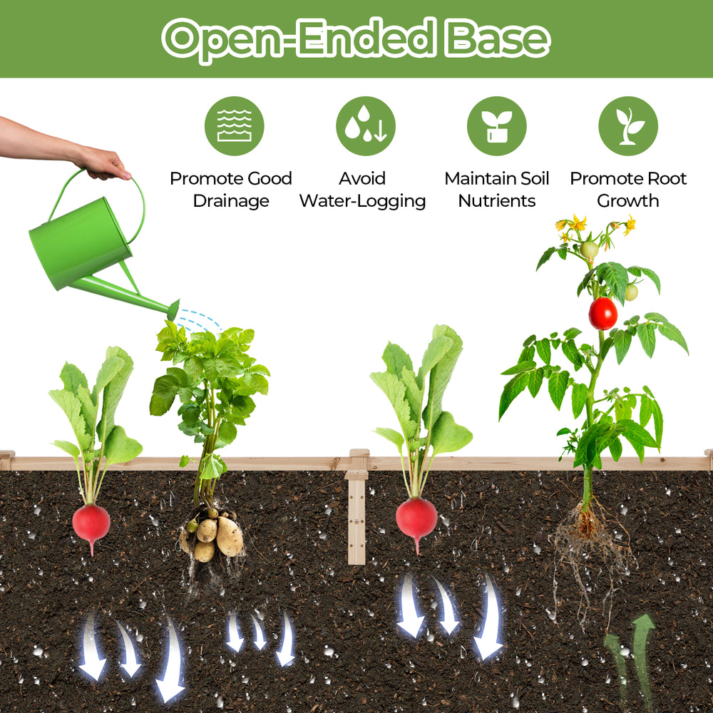 Open-ended base of the raised garden bed promotes drainage, supporting healthy root growth for diverse plants.