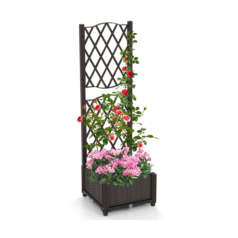 Raised garden bed with trellis for climbing plants, made of durable brown PP material, ideal for flowers and vegetables.
