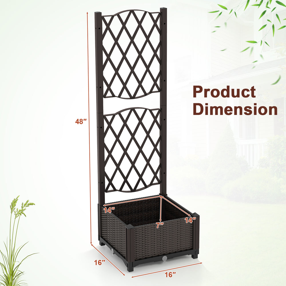 Raised garden bed with trellis for climbing plants, made of durable brown PP material, ideal for outdoor use.