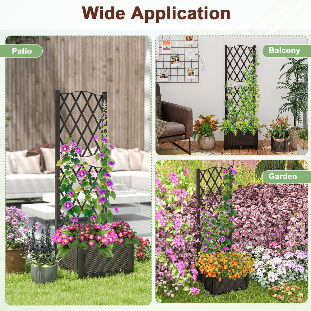 Raised garden bed with trellis for climbing plants, made of durable brown PP material, ideal for patio or balcony use.