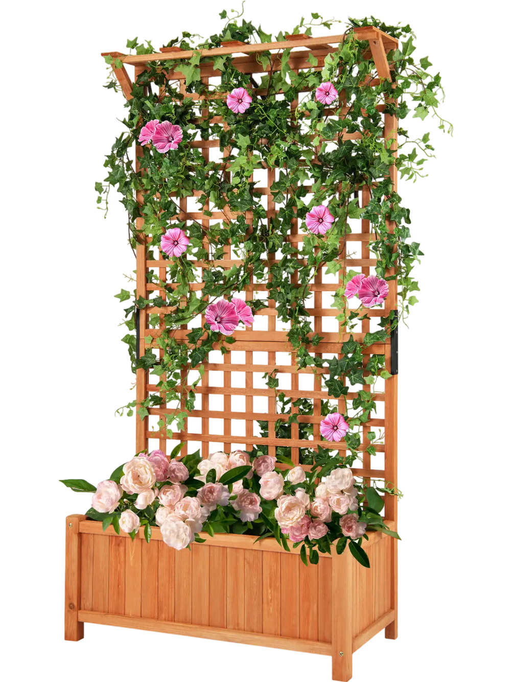 Raised garden bed with trellis and hanging roof, made of natural fir wood, ideal for climbing plants and decor.