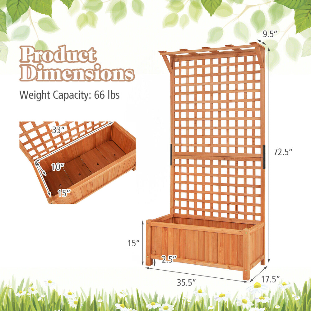 Dimensions of the raised garden bed with trellis and hanging roof, showcasing the sturdy design and deep planter box.