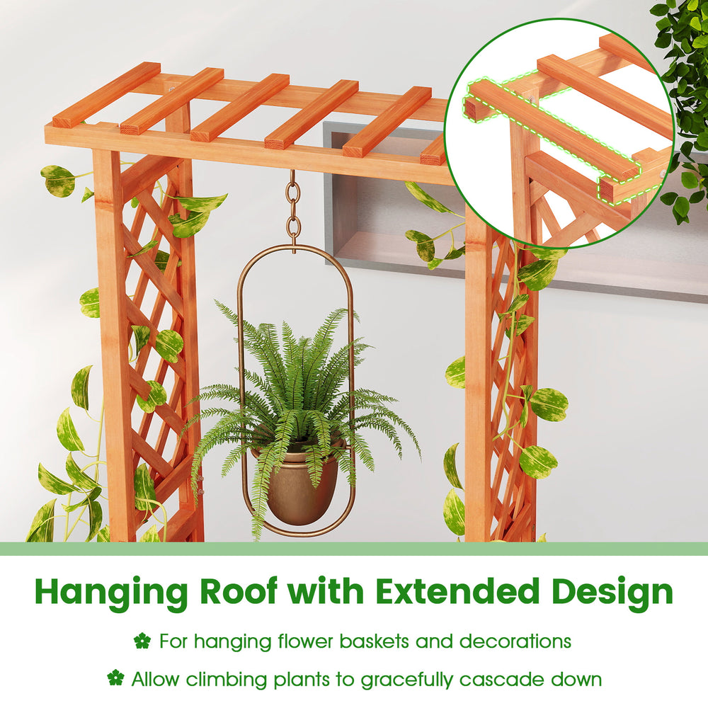 Raised garden bed with trellis and hanging roof in orange, ideal for climbing plants and flower baskets.
