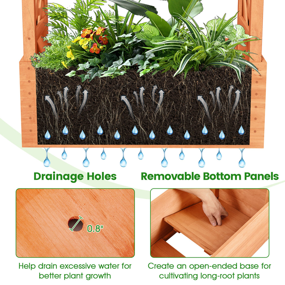 Close-up of the raised garden bed showing drainage holes and removable bottom panels for healthy plant growth.