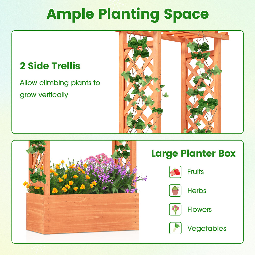 Raised garden bed with side trellis, crafted from fir wood, ideal for growing climbing plants and flowers.