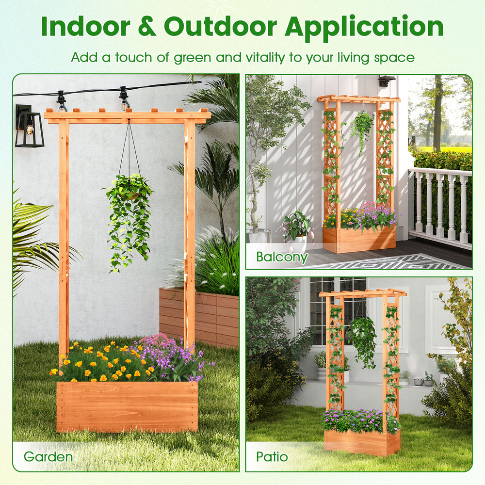 Raised garden bed in orange with trellis and hanging roof, perfect for climbing plants and outdoor decoration.