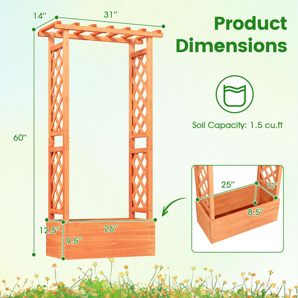 Raised garden bed with side trellis, crafted from fir wood, featuring a hanging roof and drainage holes for plant.