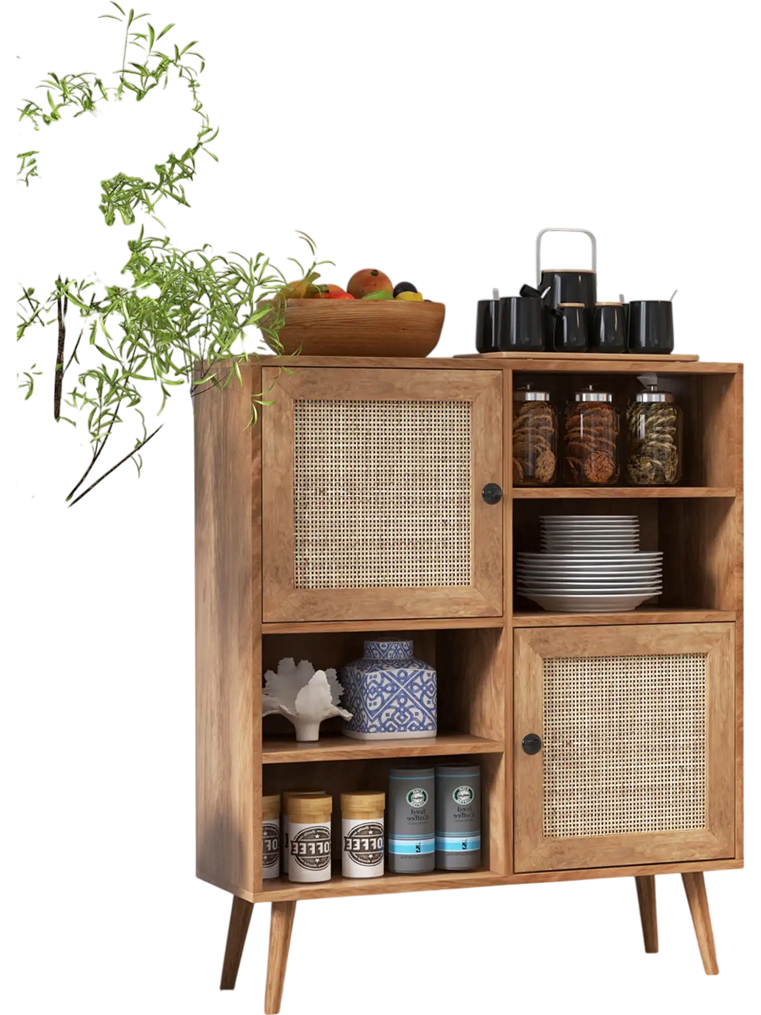 Costway Rattan Buffet Cabinet 2 Doors 2 Cubbies Natural 75218493 New
