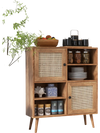 Rattan buffet cabinet with 2 doors and 2 open cubbies, featuring natural wood finish for stylish storage in any room.