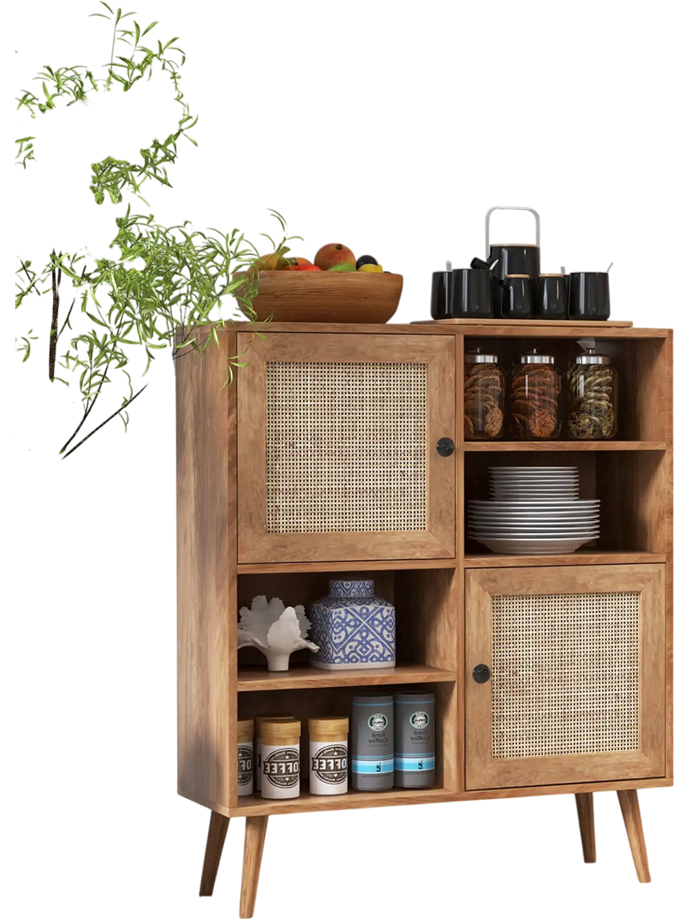 Rattan buffet cabinet with 2 doors and 2 open cubbies, featuring natural wood finish for stylish storage in any room.