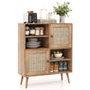 Rattan buffet cabinet with 2 doors and 2 open cubbies, featuring natural wood finish for kitchen or dining room storage.