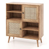 Rattan buffet cabinet with 2 doors and 2 open cubbies in natural wood, ideal for kitchen or living room storage.