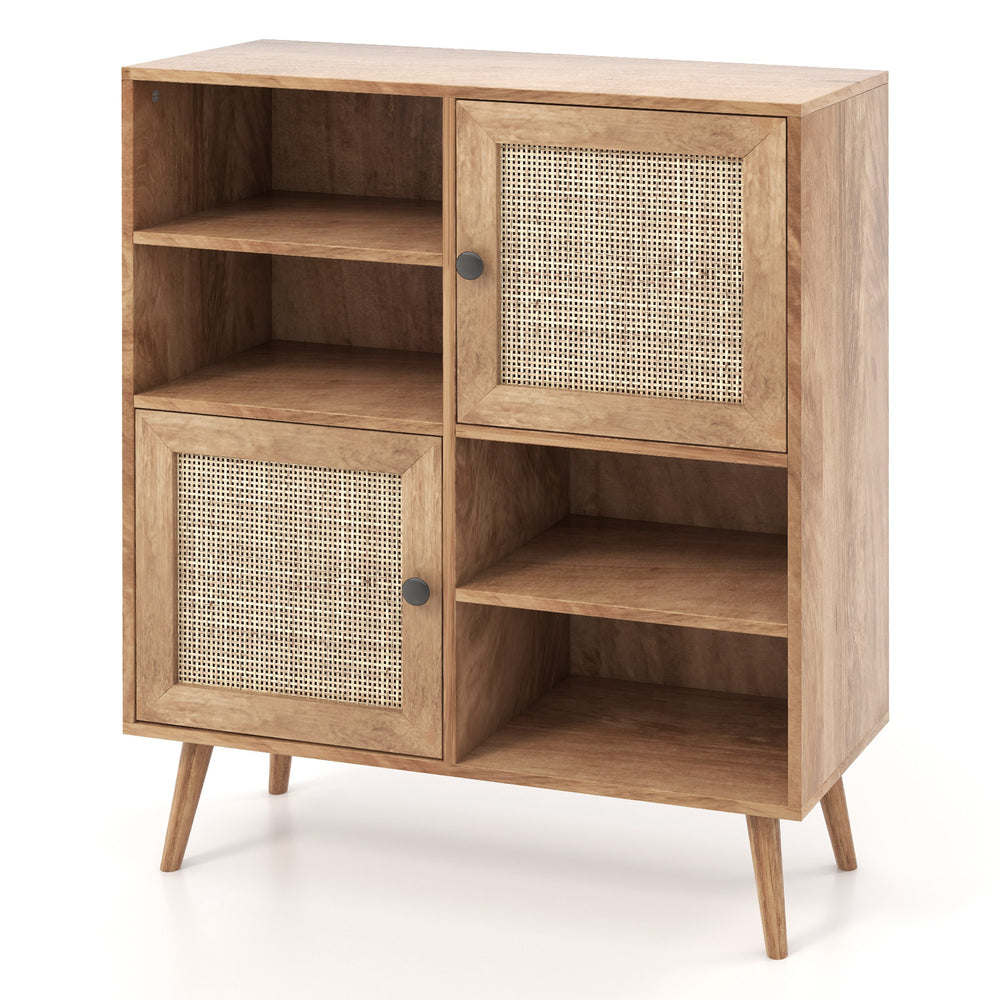 Rattan buffet cabinet with 2 doors and 2 open cubbies in natural wood, ideal for kitchen or living room storage.