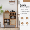 Rattan buffet cabinet featuring 2 doors, 4 open cubbies, and a spacious tabletop for versatile storage solutions.