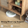 Rattan buffet cabinet with 2 doors and 2 cubbies, solid wood material, raised design for easy robot vacuum access.