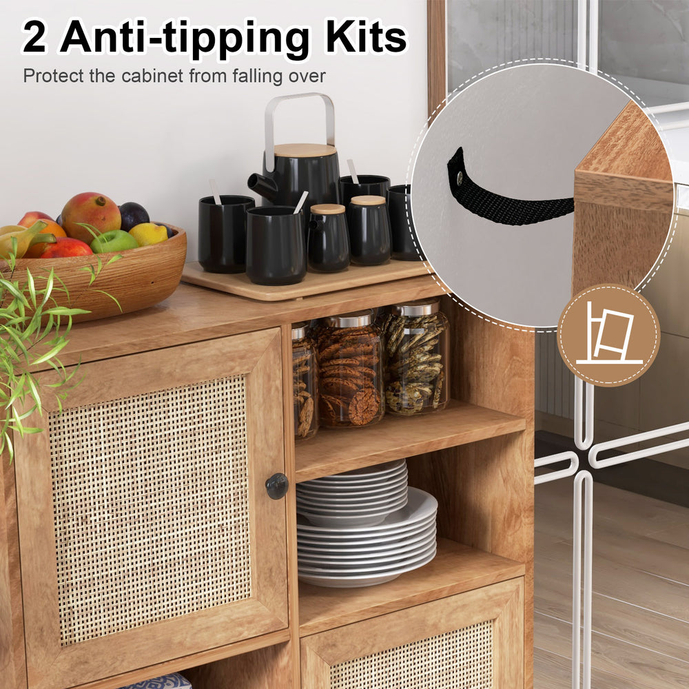 Rattan buffet cabinet with 2 doors, 2 cubbies, and anti-tipping kits, ideal for kitchen or dining room storage.