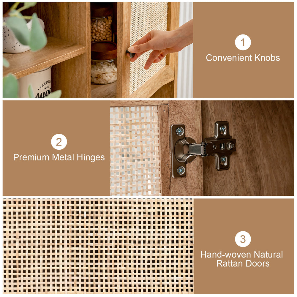 Rattan buffet cabinet with hand-woven doors, convenient knobs, and premium metal hinges for easy access and ventilation.
