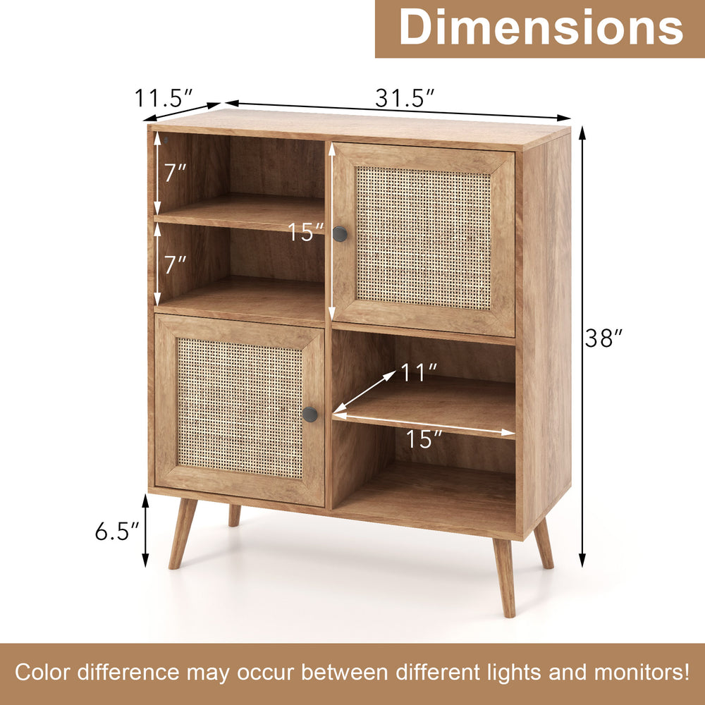 Rattan buffet cabinet with 2 doors and 2 cubbies, featuring natural wood finish and ventilation for stylish storage.