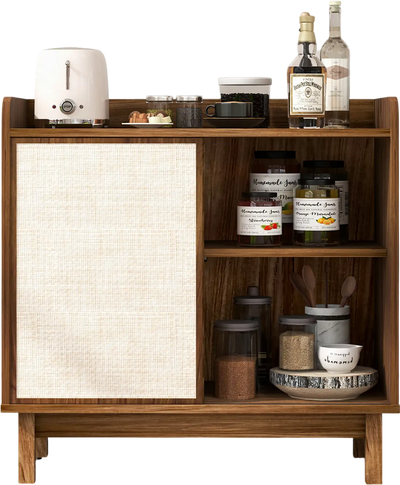 Costway Rattan Buffet Sideboard Storage Cabinet Sliding Door Adjustable Shelves Walnut 67483192 New