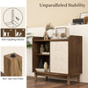 Rattan buffet sideboard with sliding door, adjustable shelves, and walnut finish, perfect for dining or living room.