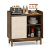 Mid-century rattan buffet sideboard in walnut with sliding door, adjustable shelves, and ample storage for dining.