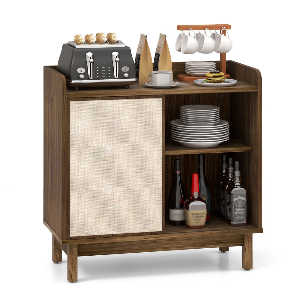 Mid-century rattan buffet sideboard in walnut with sliding door, adjustable shelves, and ample storage for dining.