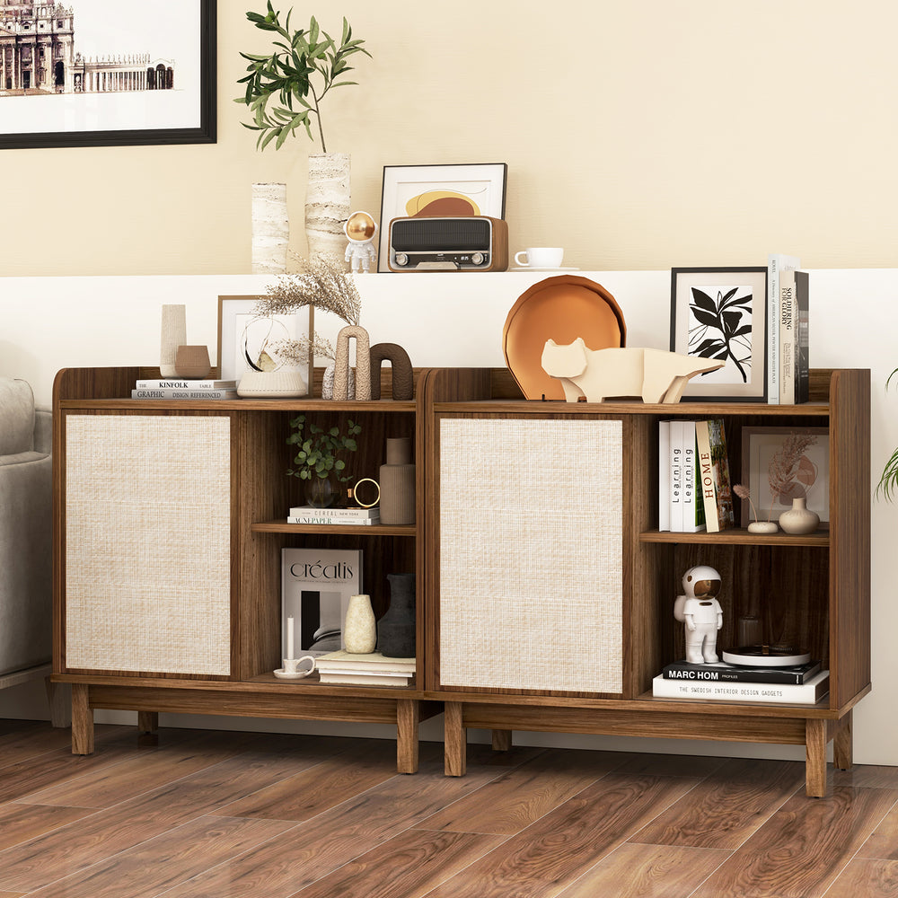 Mid-century rattan buffet sideboard in walnut with sliding doors and adjustable shelves for versatile storage.