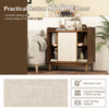 Rattan sliding door of walnut sideboard with adjustable shelves, ideal for dining room or living room storage.