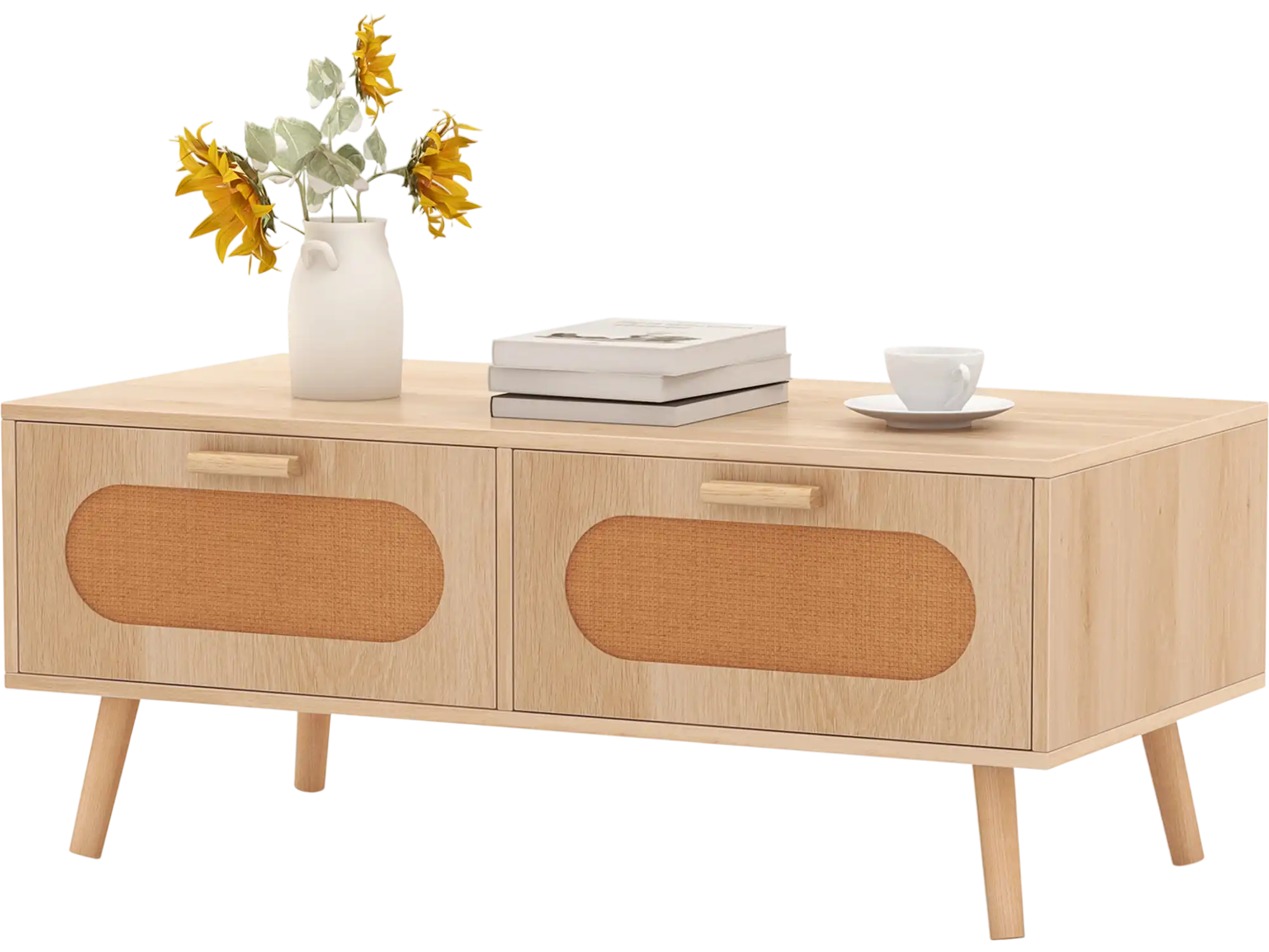 Costway Mid Century Modern Rattan Coffee Table w/ 2 Storage Drawers 692753841 New