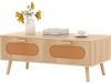 Mid-century modern rattan coffee table with two storage drawers and natural wood finish, perfect for stylish living.