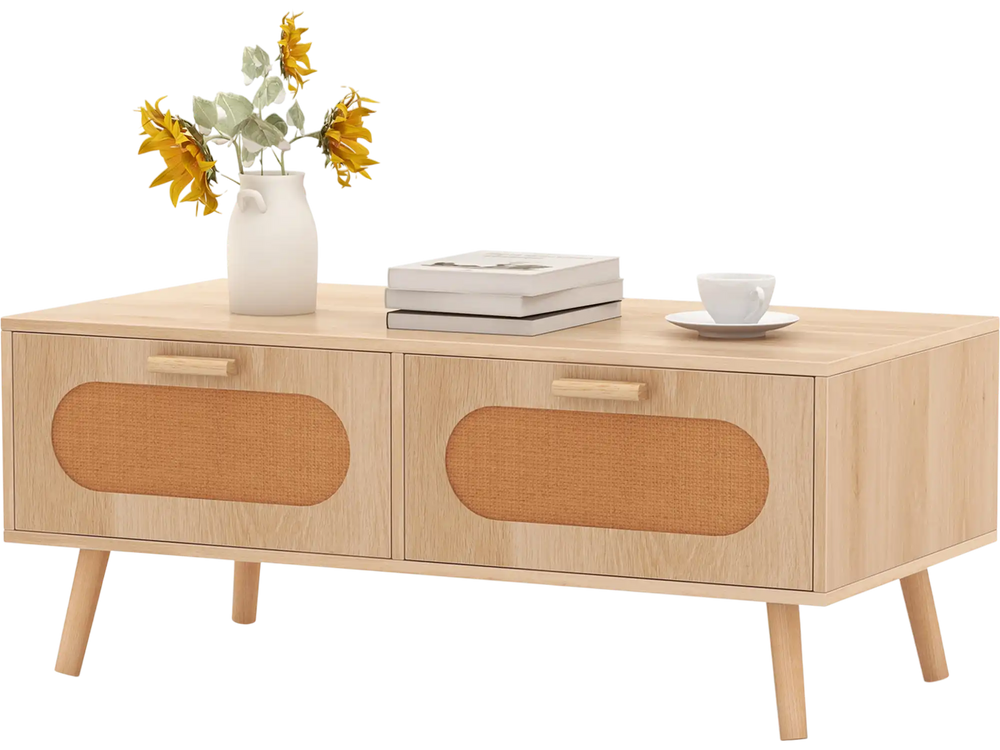 Mid-century modern rattan coffee table with two storage drawers and natural wood finish, perfect for stylish living.