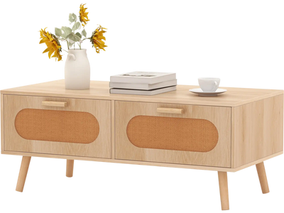Costway Mid Century Modern Rattan Coffee Table w/ 2 Storage Drawers 692753841 New