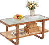 Rattan coffee table with tempered glass top and storage shelf in walnut, featuring decorative fruit and flowers.