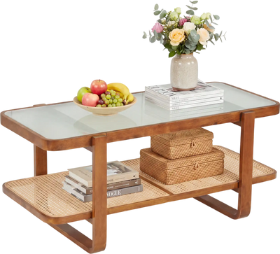 Costway Rattan Coffee Table Tempered Glass Top Storage Shelf 79898588 New