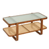 Rattan coffee table with tempered glass top and storage shelf in walnut finish, perfect for living room decor.