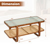 Rattan coffee table with tempered glass top, walnut finish, dimensions 41.5"x20"x18", featuring a storage shelf.