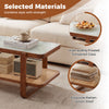 Rattan coffee table with a tempered glass top and storage shelf, featuring a walnut finish and stylish design.