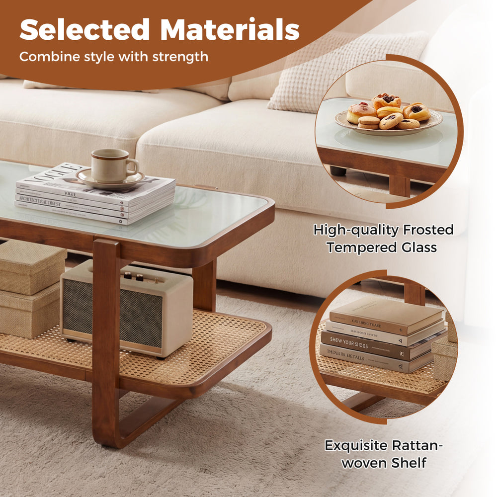 Rattan coffee table with a tempered glass top and storage shelf, featuring a walnut finish and stylish design.