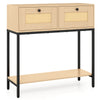 Boho-inspired rattan console table with two drawers and open shelf, perfect for entryway or hallway storage.