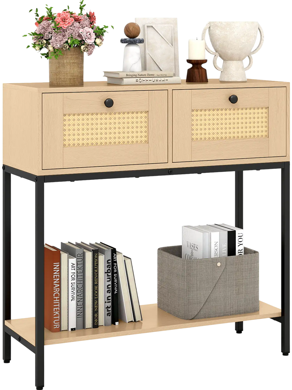 Rattan console table with oak finish and two drawers, featuring open storage shelf, ideal for stylish living room.