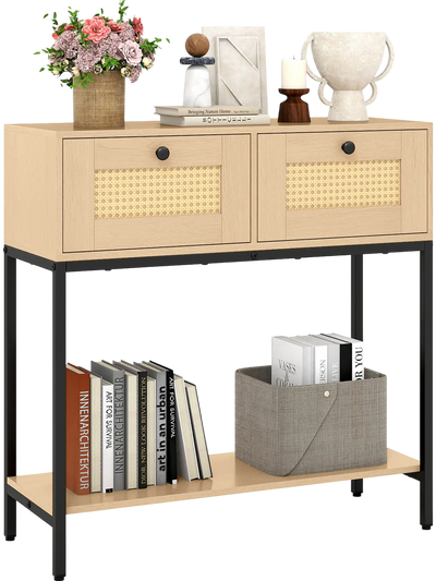Costway Boho Rattan Console Entryway Table w/ 2 Drawers Open Shelf 95623417 New