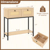 Rattan console table with 2 drawers and open shelf, featuring oak finish and metal legs, ideal for entryway storage.