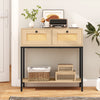 Rattan console table showcasing classic oak finish and smooth drawer slides, ideal for hallway or living room decor.
