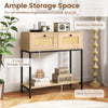 Rattan console table with two large drawers and open shelf, perfect for boho entryways and small space organization.